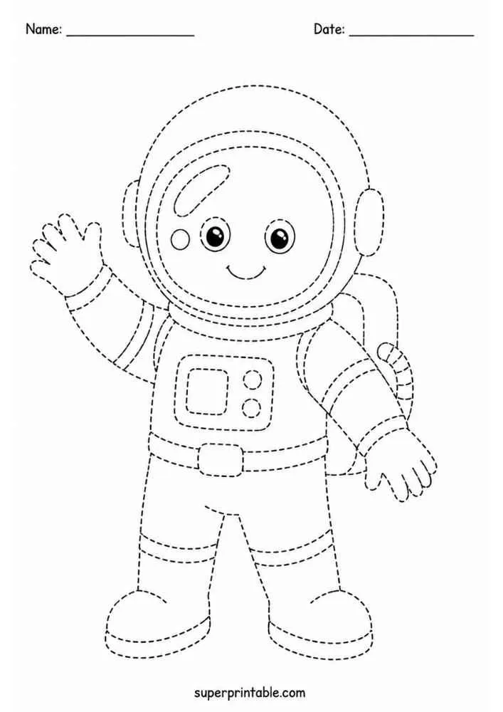 Dashed astronaut waving in a space suit.