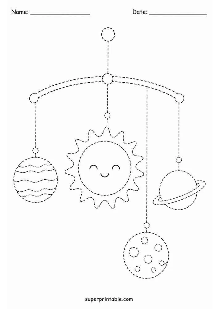 Dashed hanging mobile with sun and planets.