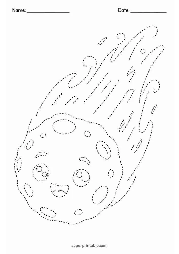 Dashed smiling meteor with trailing flames.