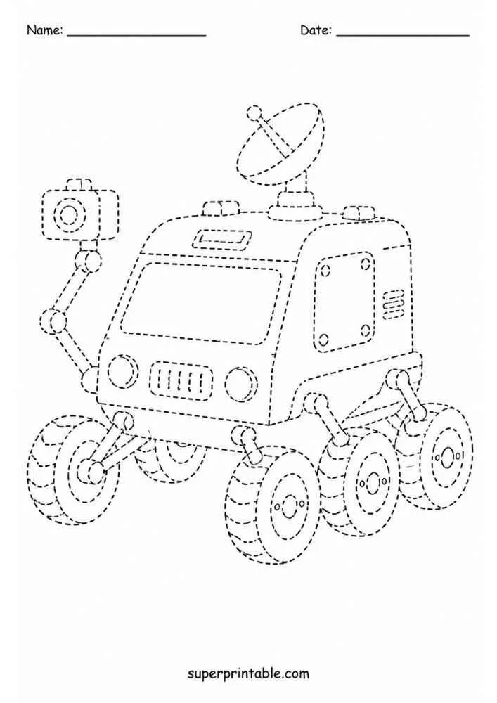 Dashed space rover with wheels, camera, and antenna.