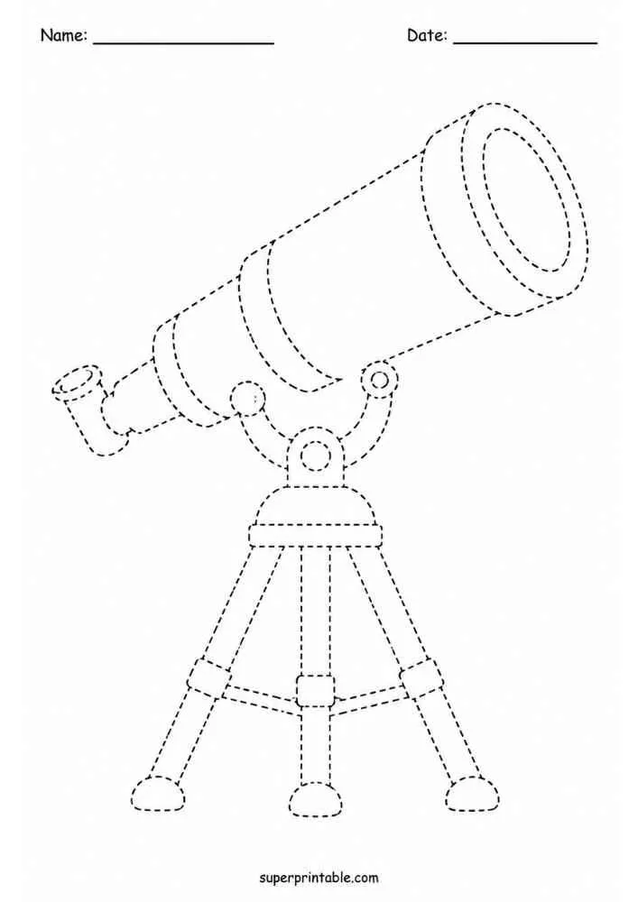 Dashed telescope on tripod with name and date lines.