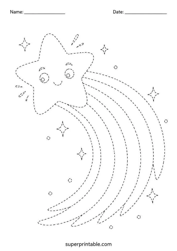 Dashed smiling shooting star with star trail.