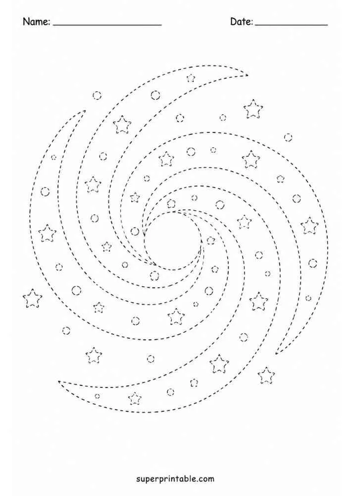 Dashed spiral galaxy with stars and circles.