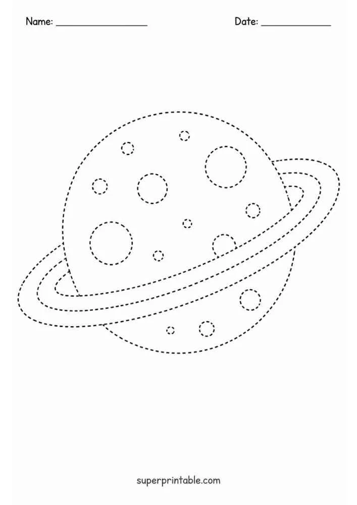 Dashed ringed planet with round craters, name and date lines.