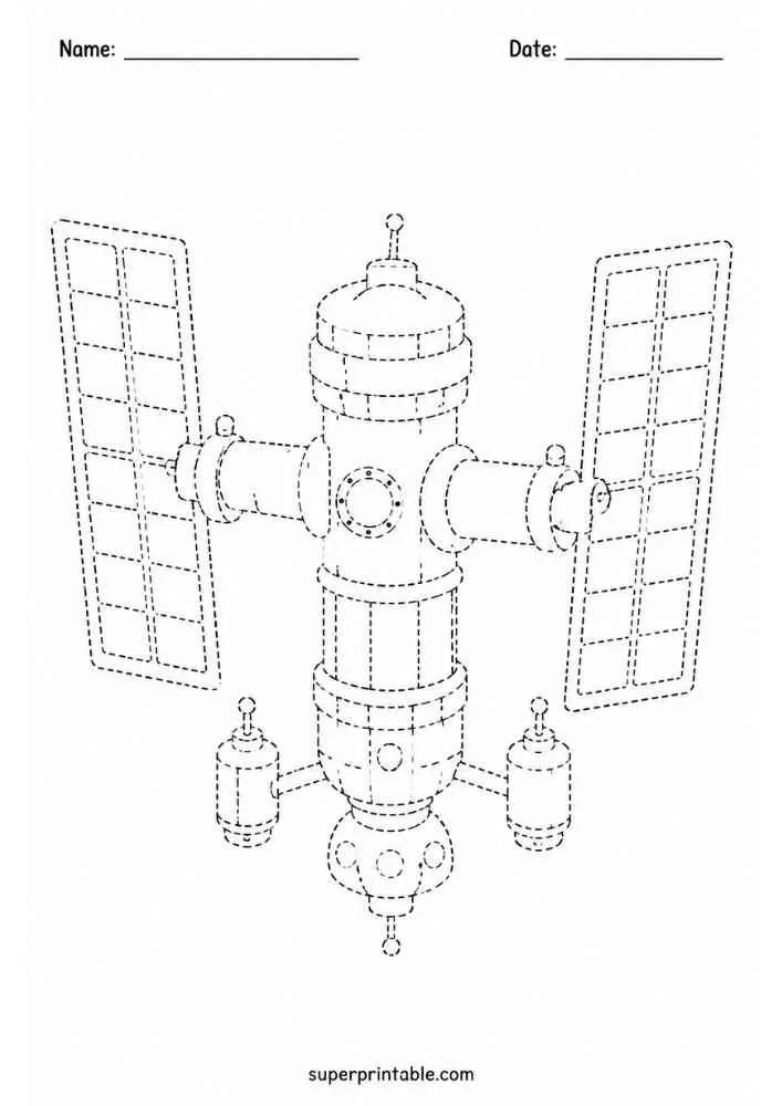 Dashed space station with solar panels and modules.