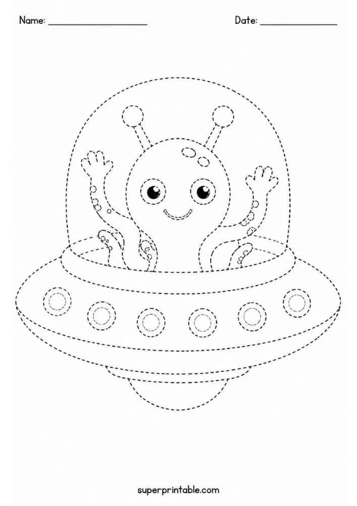 Dashed alien waving from a UFO with name and date lines.