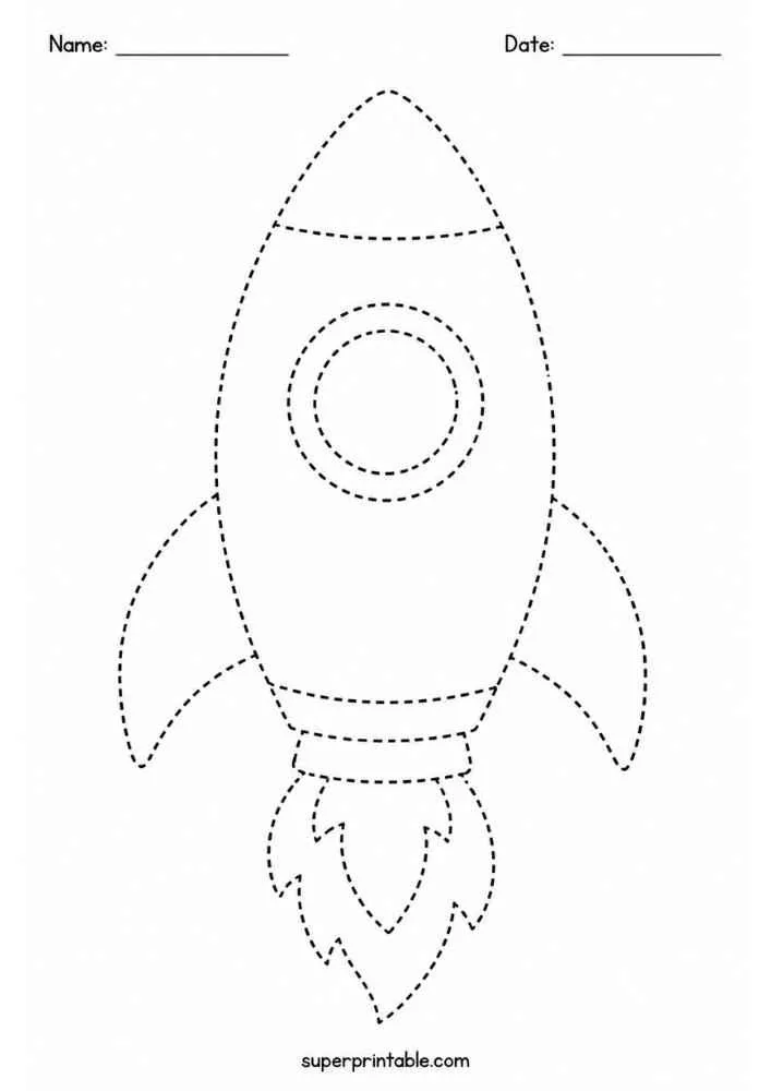 Dashed rocket with flame, name and date lines.