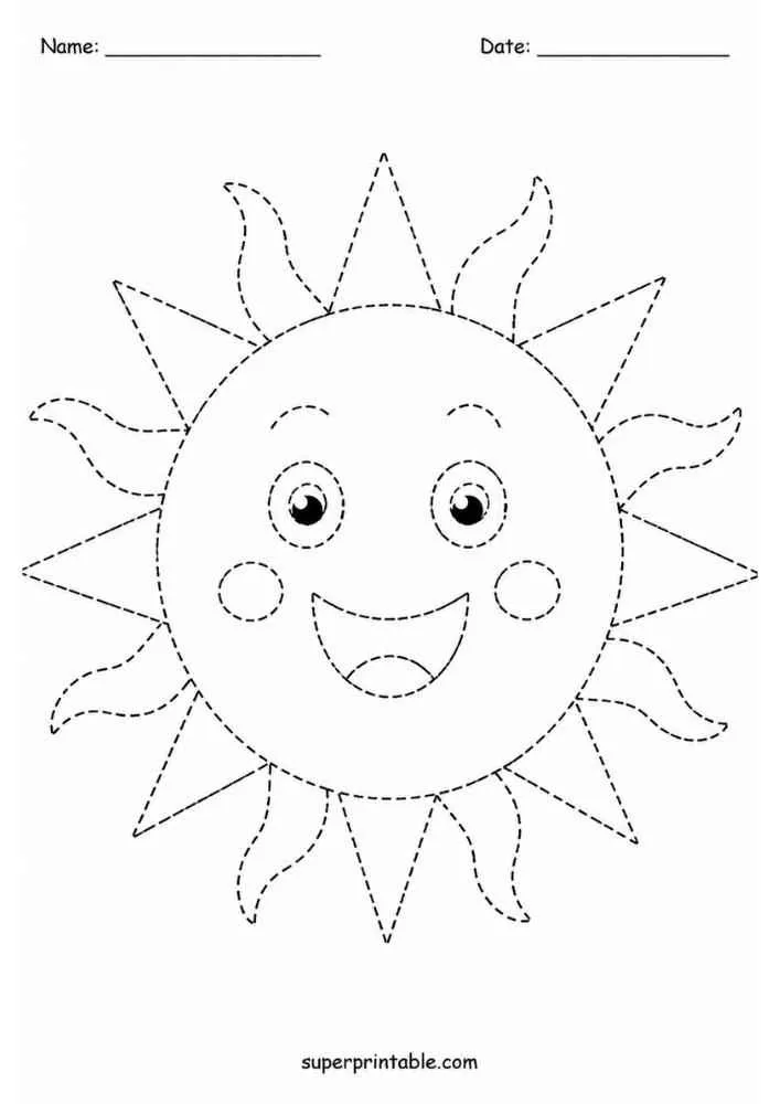 Dashed smiling sun with rays, name and date lines.
