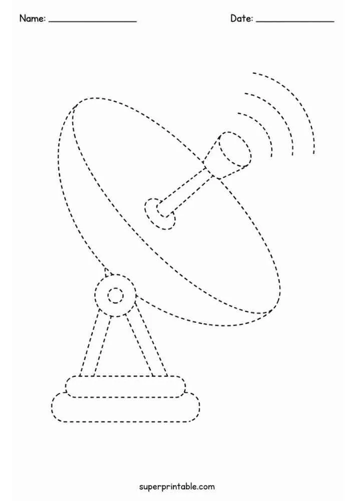 Dashed satellite dish with signal waves and name lines.