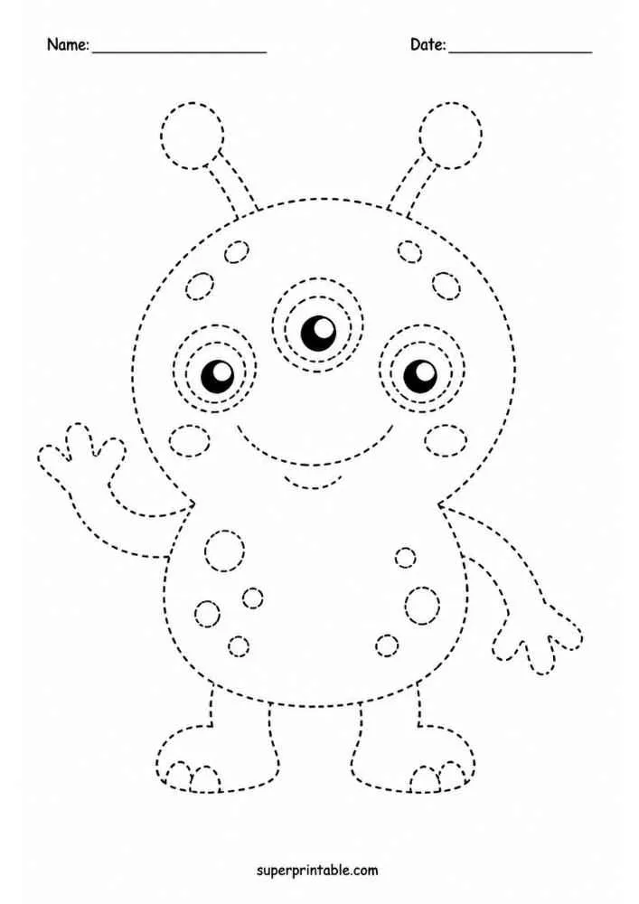 Dashed three eyed alien waving, name and date lines.