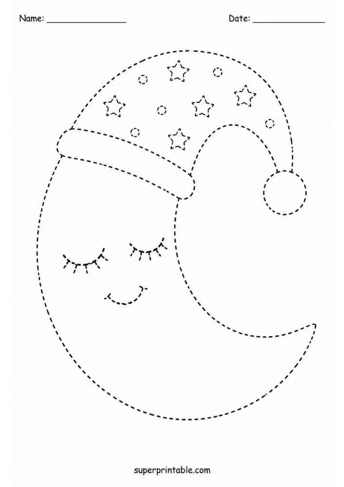 Dashed crescent moon with sleeping face and nightcap.