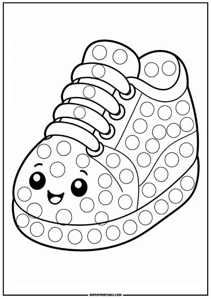 Smiling sneaker with dot marker circles, border, and SuperPrintable.com text.