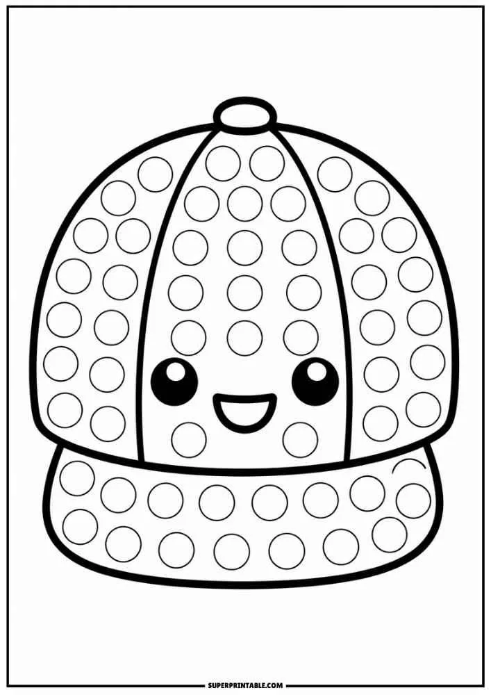 Smiling baseball cap with dot marker circles, border, and SuperPrintable.com text.