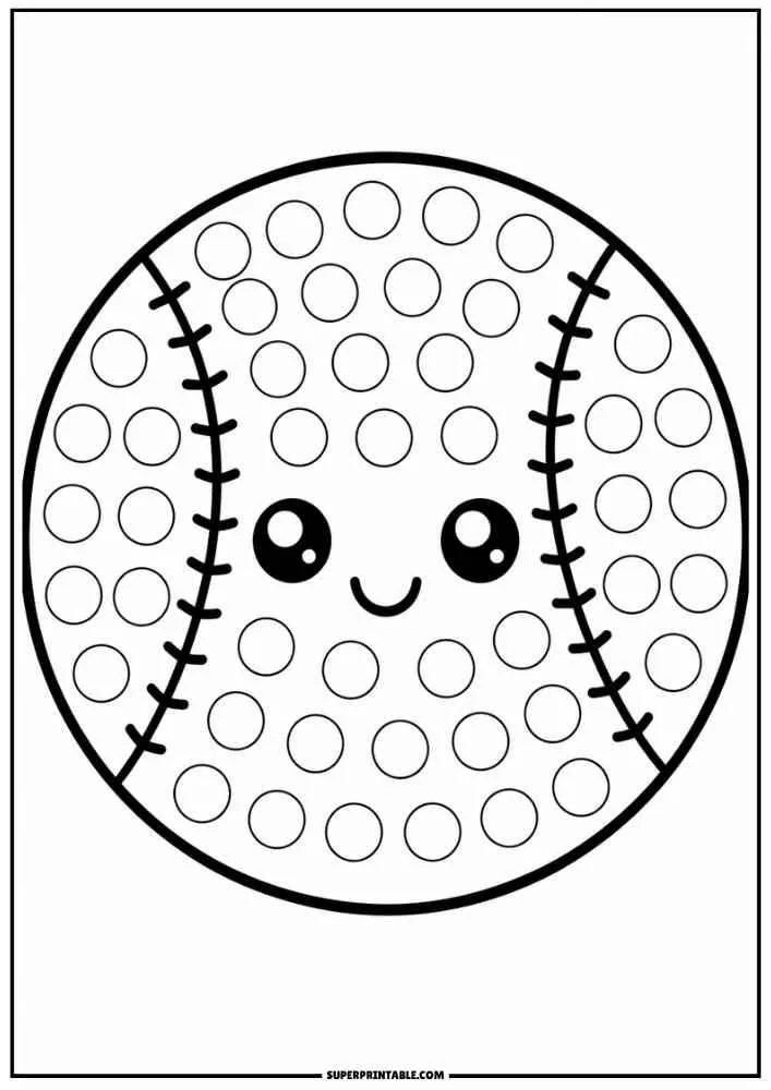 Smiling baseball with stitched lines, dot marker circles, border, and SuperPrintable.com text.