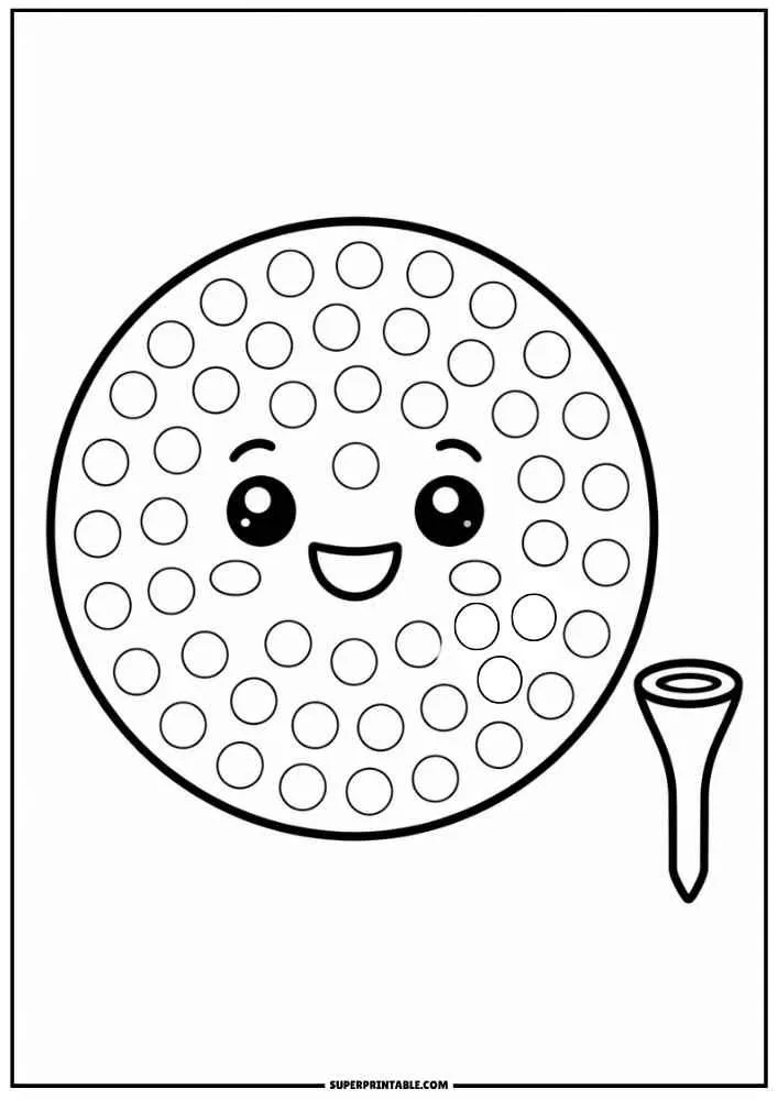 Smiling golf ball with golf tee, dot marker circles, border, and SuperPrintable.com text.