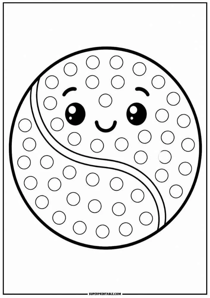 Smiling tennis ball with dot marker circles, border, and SuperPrintable.com text.