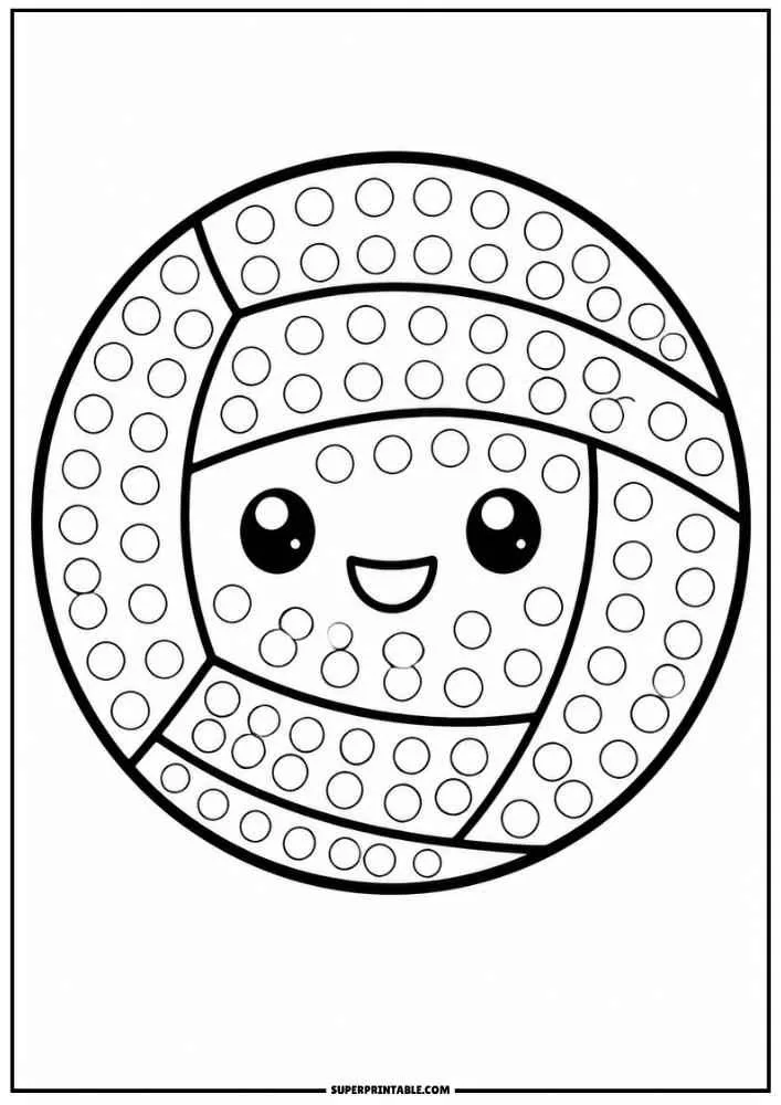 Smiling volleyball with dot marker circles, border, and SuperPrintable.com text.