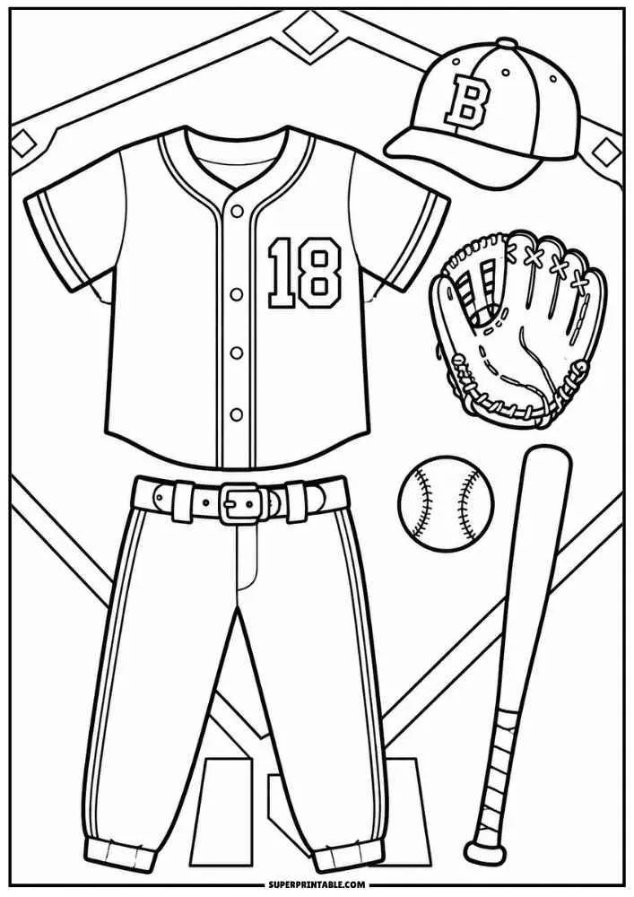 Baseball jersey, pants, cap, glove, bat, and baseball on a baseball field.