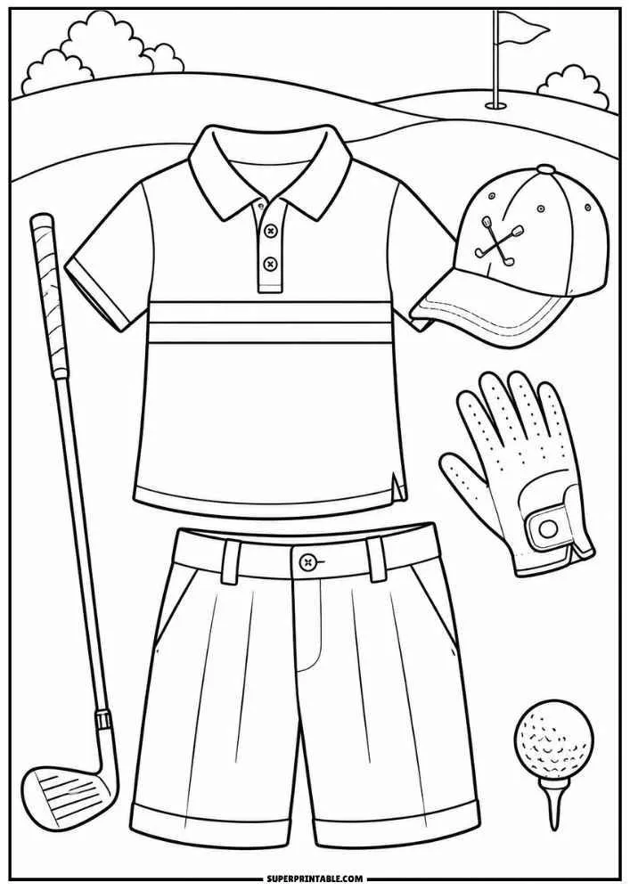Golf shirt, shorts, cap, glove, golf club, and golf ball.