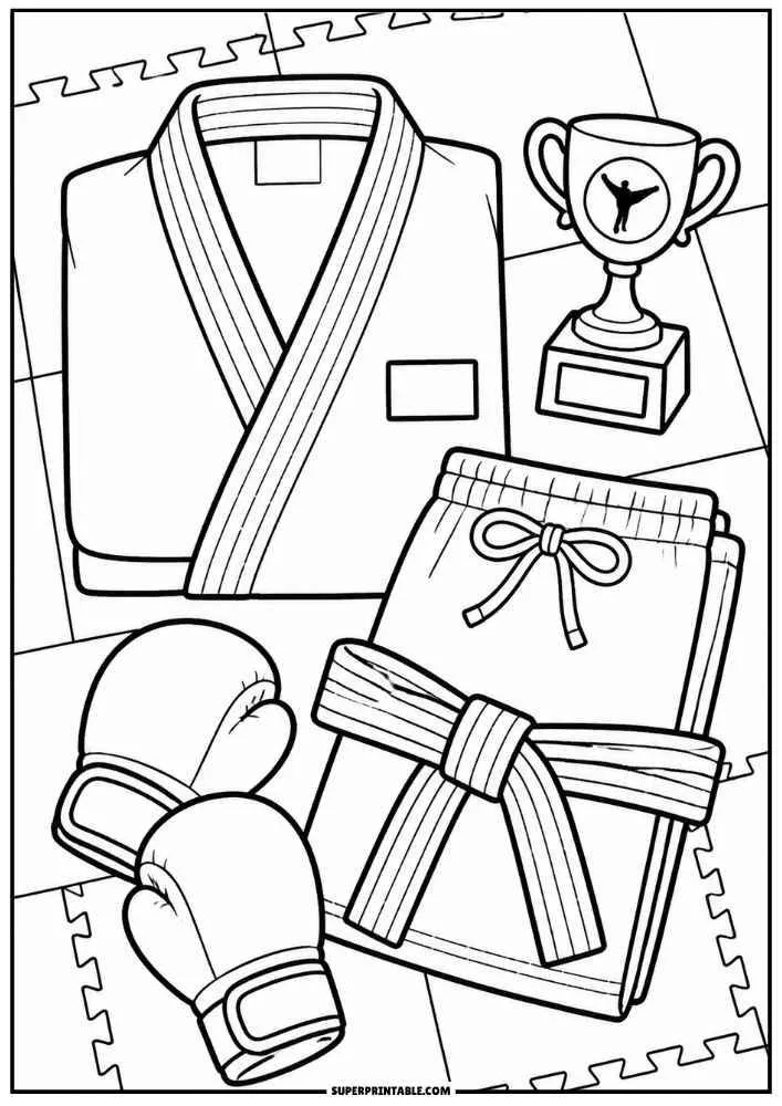 Martial arts uniform, belt, gloves, and trophy on training mats.