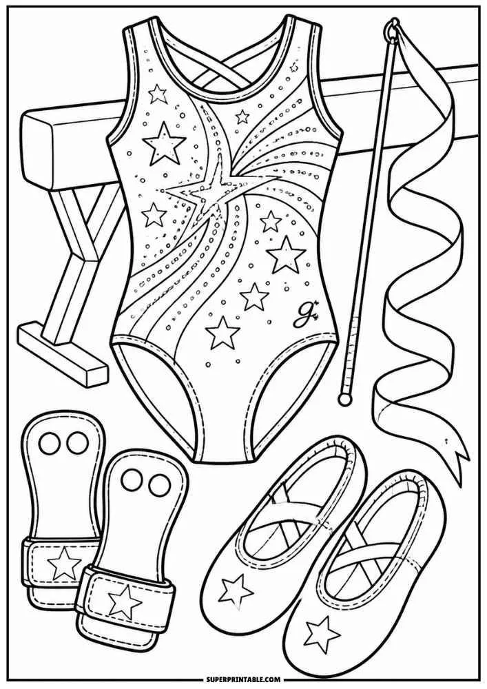 Gymnastics leotard, ribbon, shoes, grips, and balance beam.