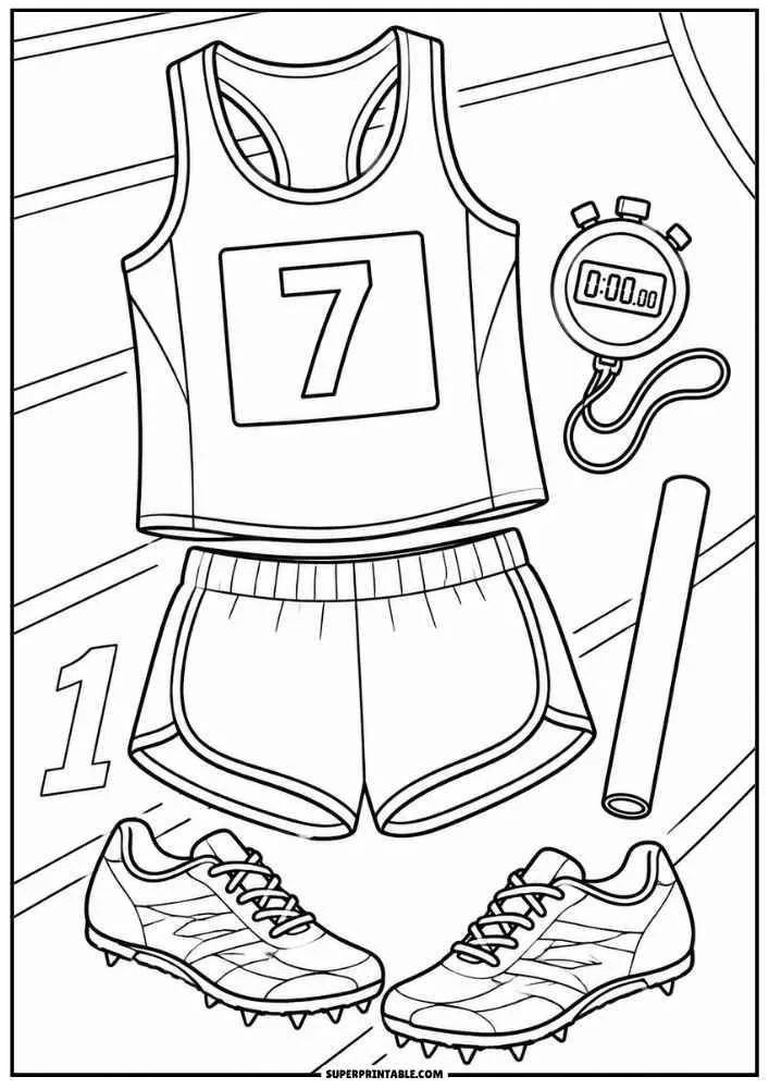 Running jersey, shorts, stopwatch, relay baton, and racing shoes.