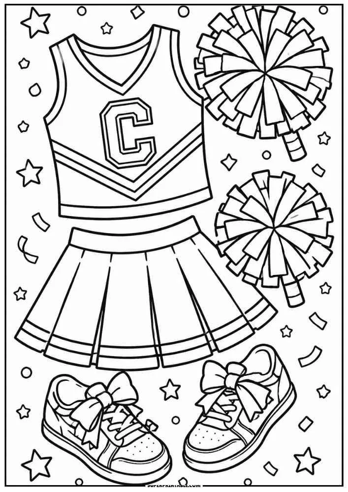 Cheerleader uniform, pom poms, shoes, stars, and confetti.