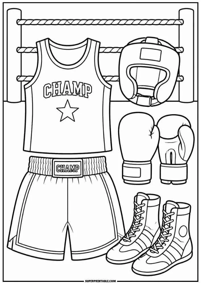 Boxing uniform, gloves, headgear, boots, and boxing ring.