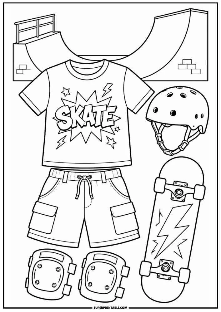 Skateboard, helmet, skate ramp, shirt, shorts, and knee pads.