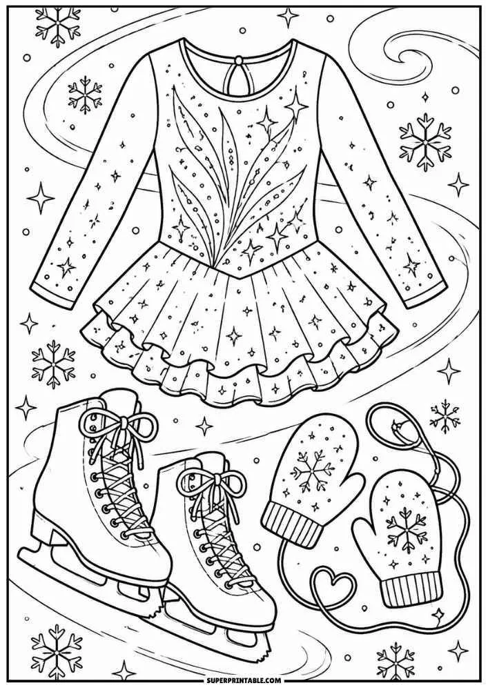Figure skating dress, ice skates, mittens, snowflakes, and winter scene.