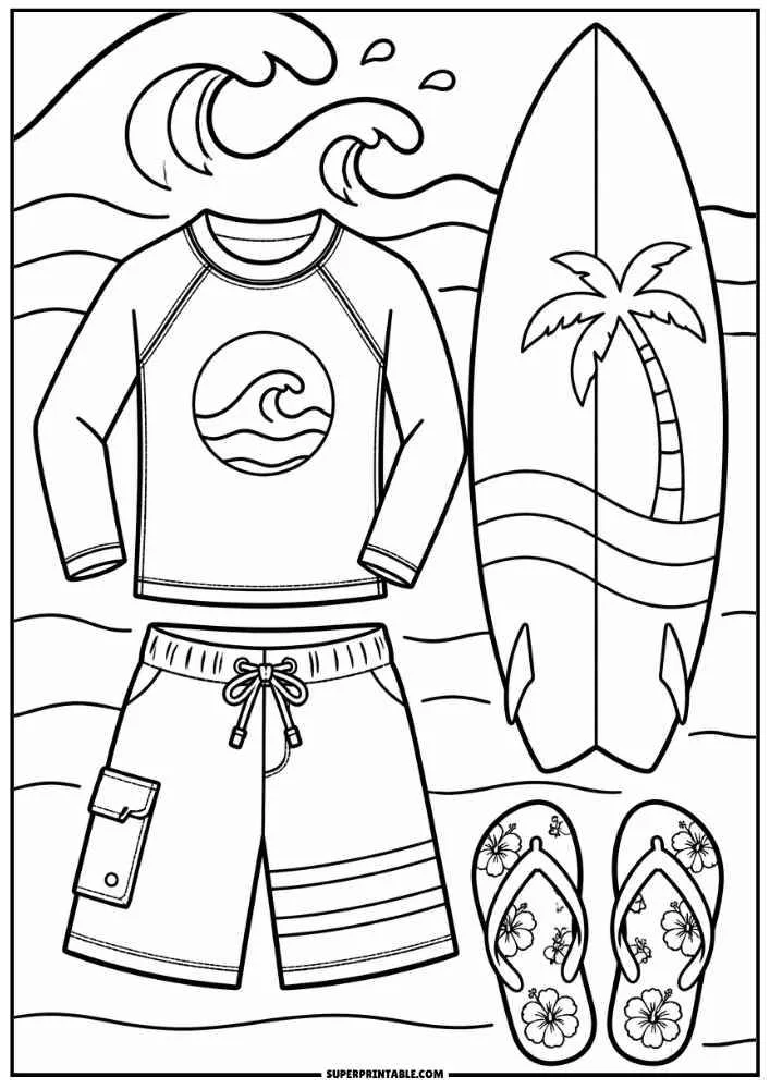Surf shirt, shorts, surfboard, flip flops, waves, and palm tree.