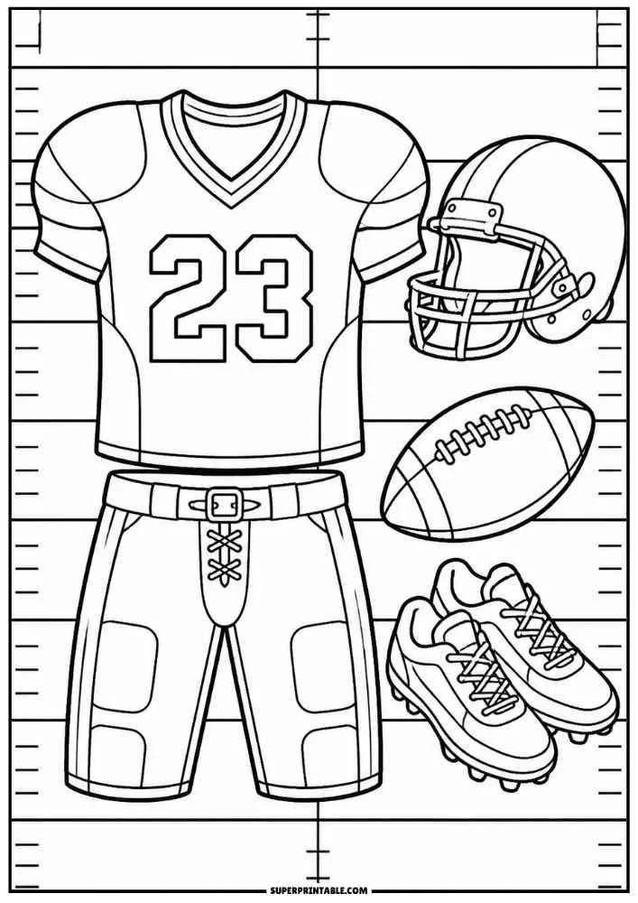 Football jersey, helmet, football, cleats, and pants on a football field.