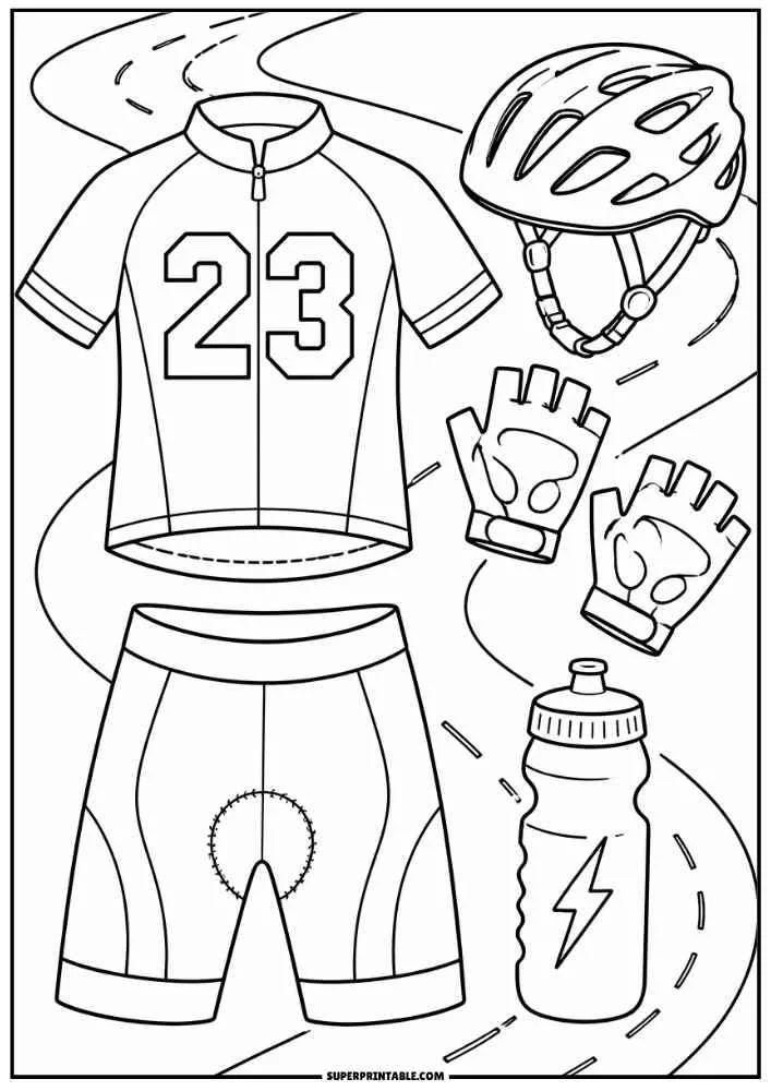 Cycling jersey, shorts, helmet, gloves, and water bottle.
