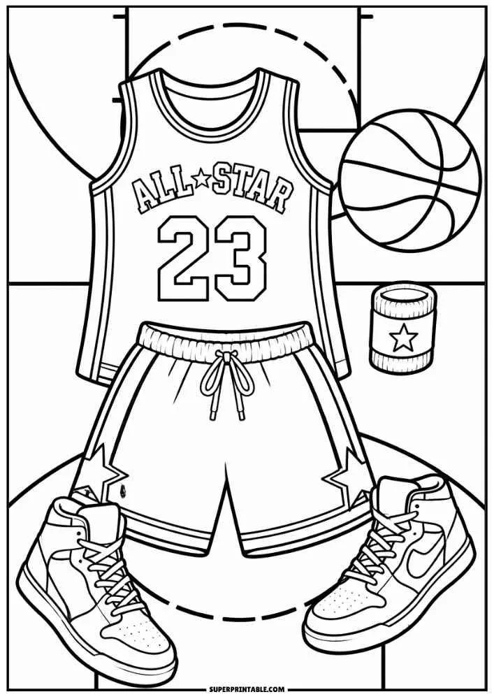 Basketball jersey, shorts, shoes, basketball, and wristband on a court.