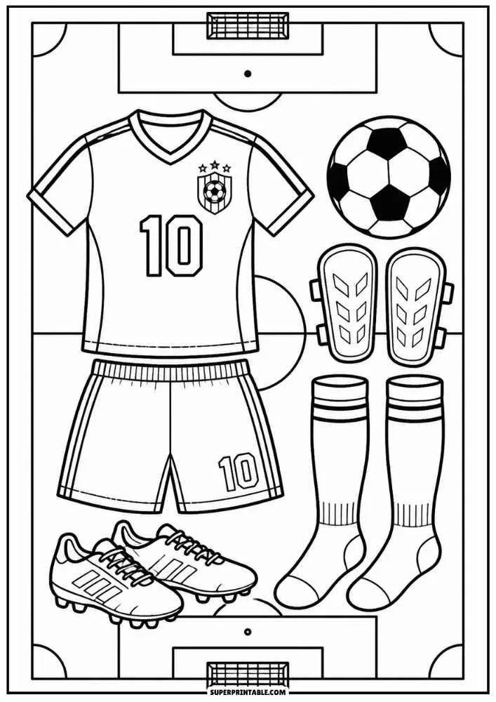 Soccer jersey, shorts, ball, shin guards, socks, and cleats on a soccer field.