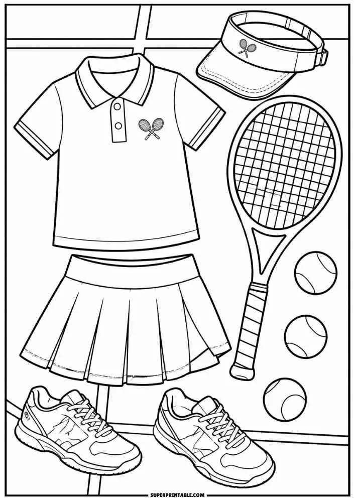 Tennis shirt, skirt, visor, racket, shoes, and tennis balls.