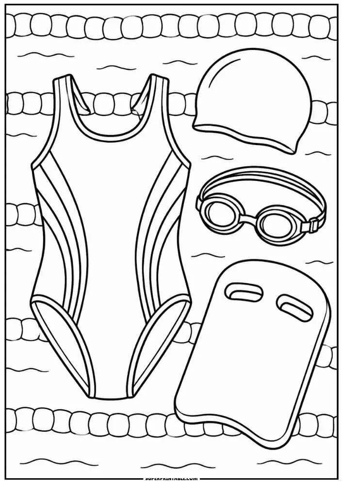 Swimsuit, swim cap, goggles, kickboard, and swimming pool lanes.