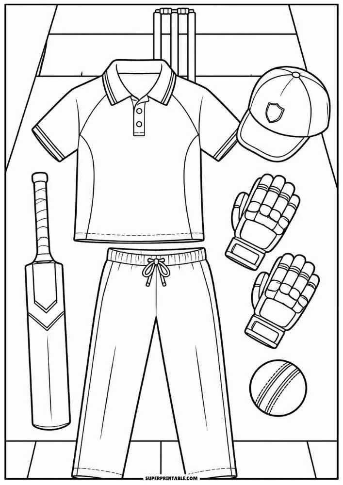 Cricket shirt, pants, bat, gloves, cap, and cricket ball on a pitch.