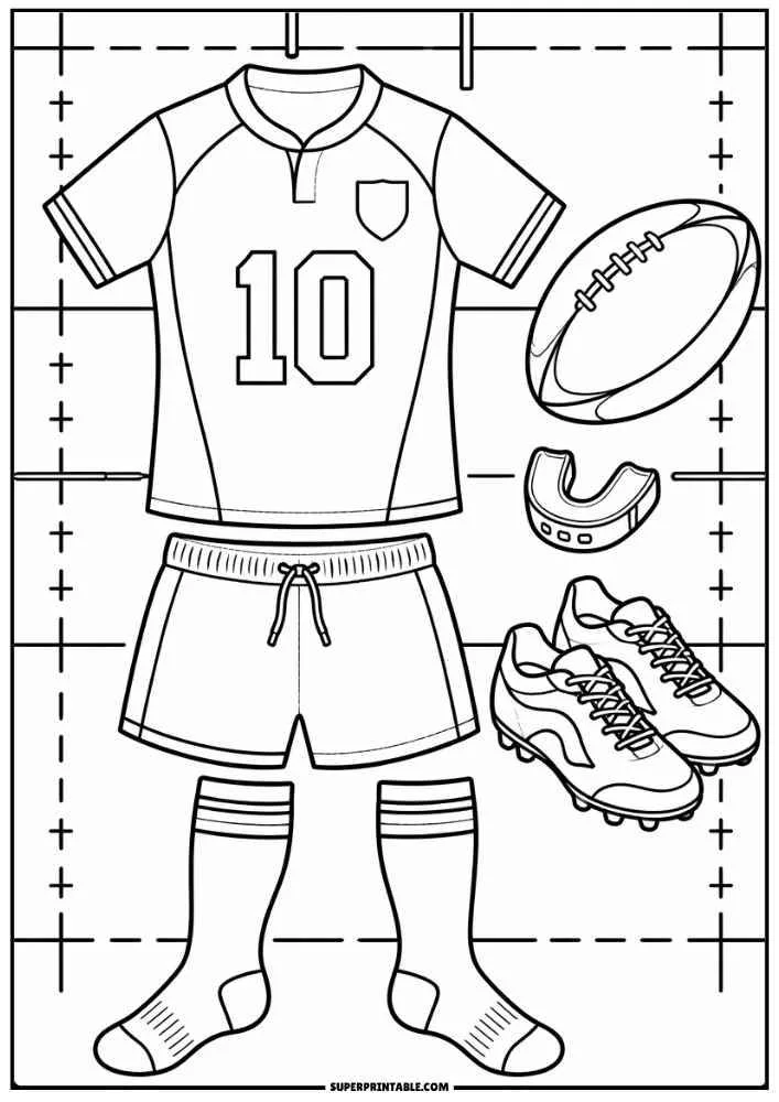 Rugby jersey, shorts, socks, cleats, rugby ball, and mouthguard.