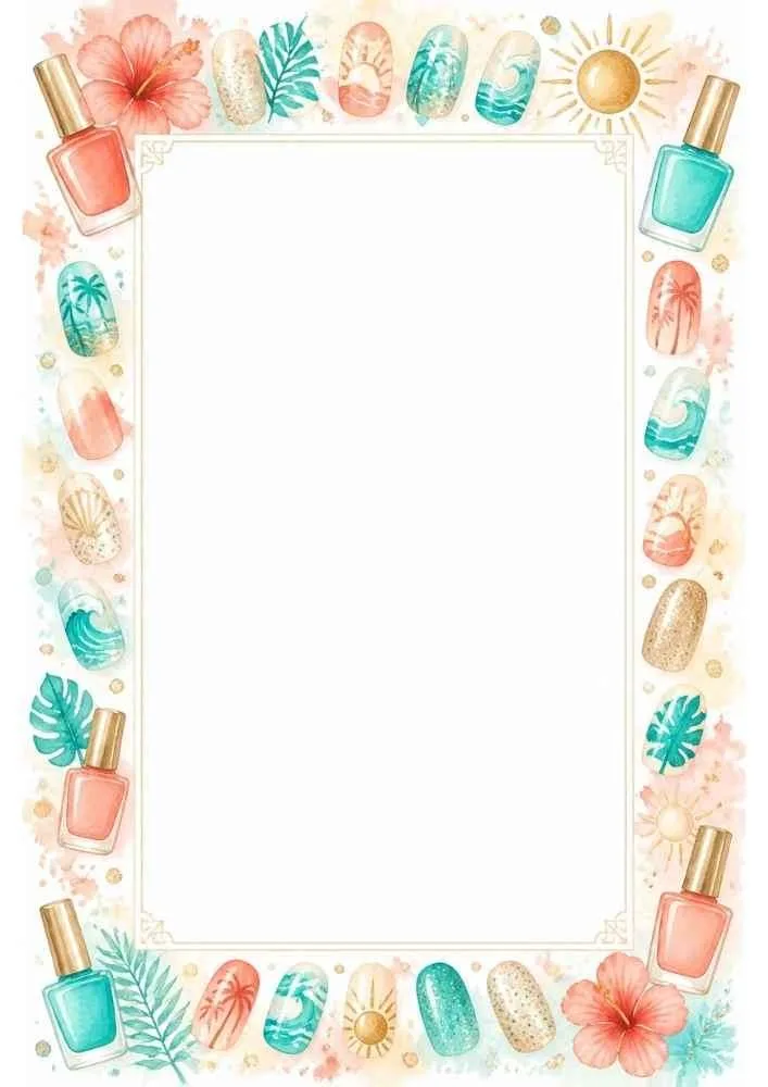Tropical hibiscus nail art border with colorful summer manicure designs.