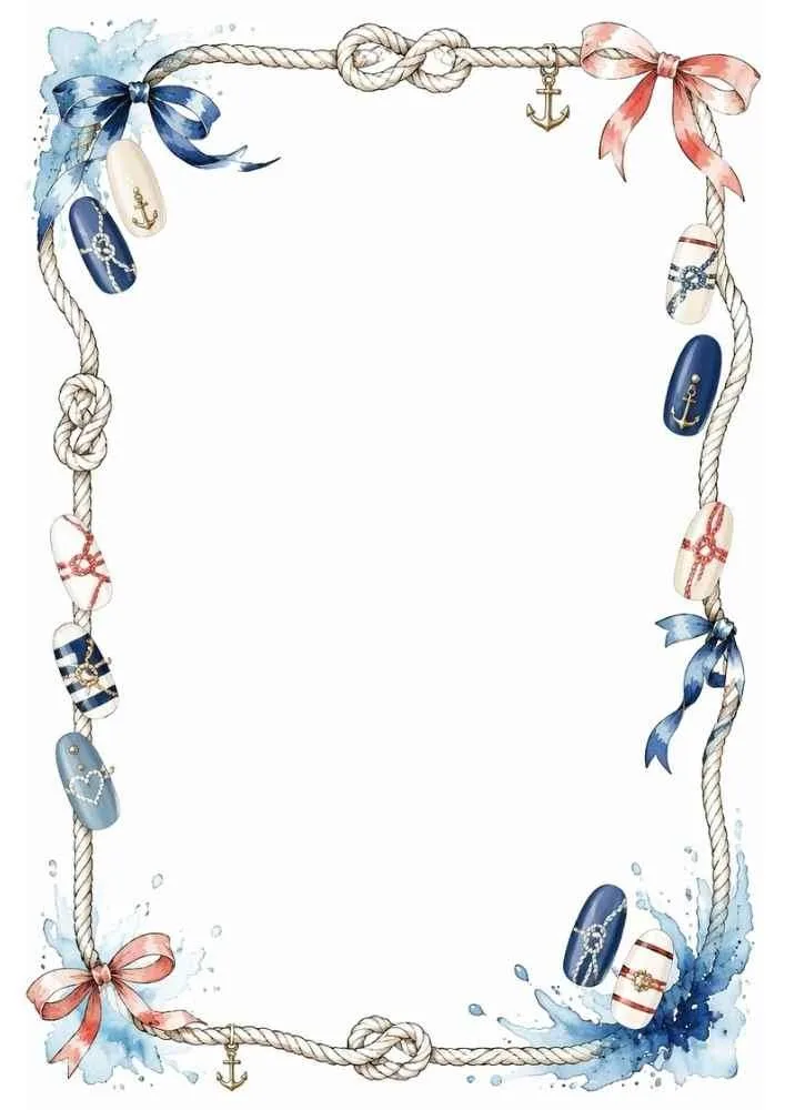 Nautical ribbon nail art border with anchors and bows.