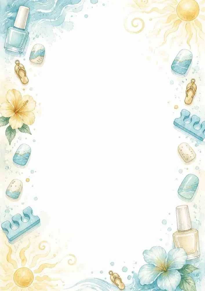 Beach pedicure border with flip-flops, sunshine, and summer nail art.