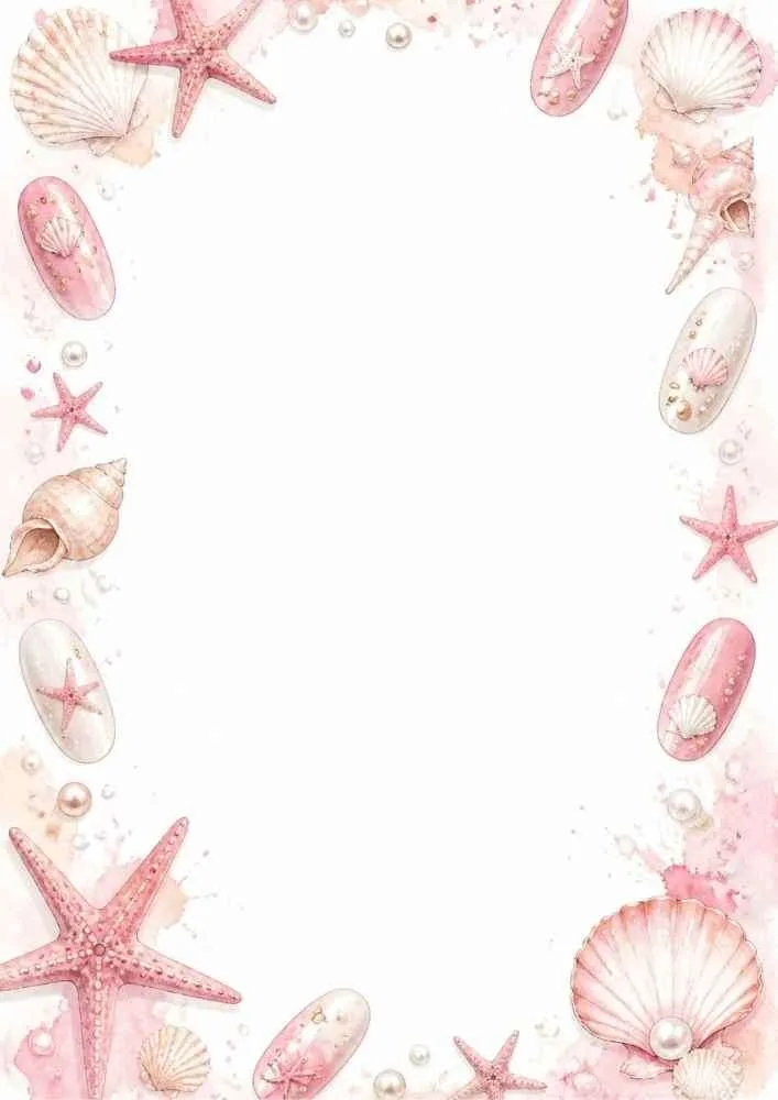 Pink seashell nail art border with pearls and starfish.