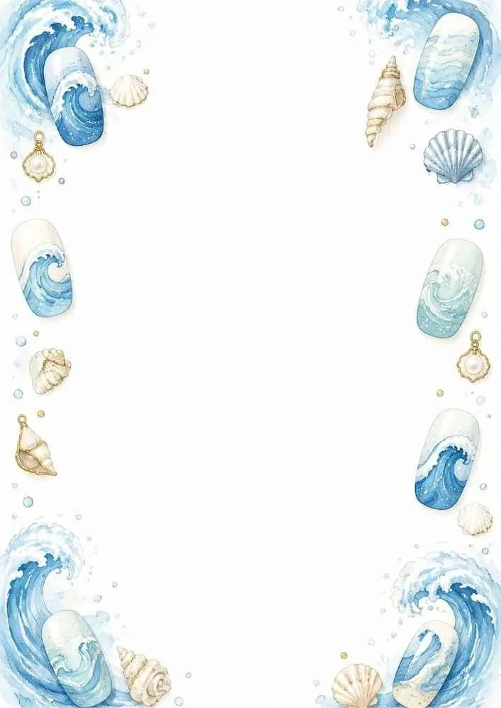 Ocean wave nail art border with seashell and beach designs.