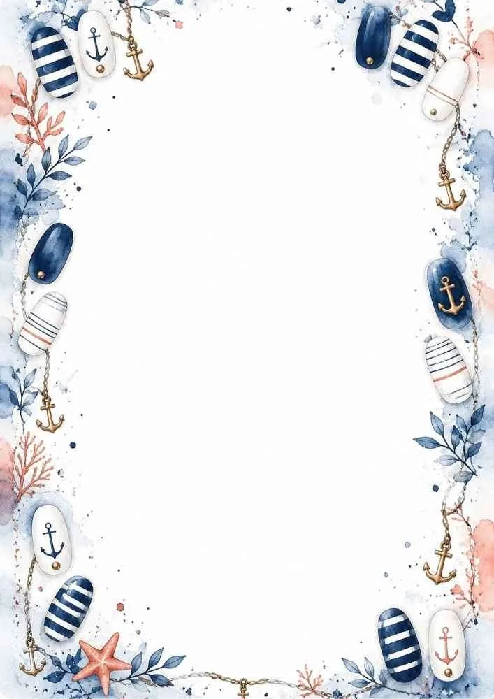 Nautical anchor nail art border with blue floral accents.