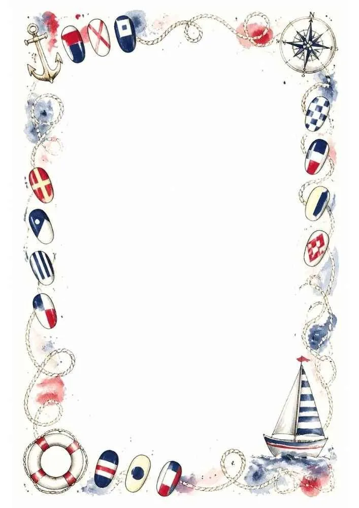 Sailing themed nail art border with yacht, compass, and anchors.