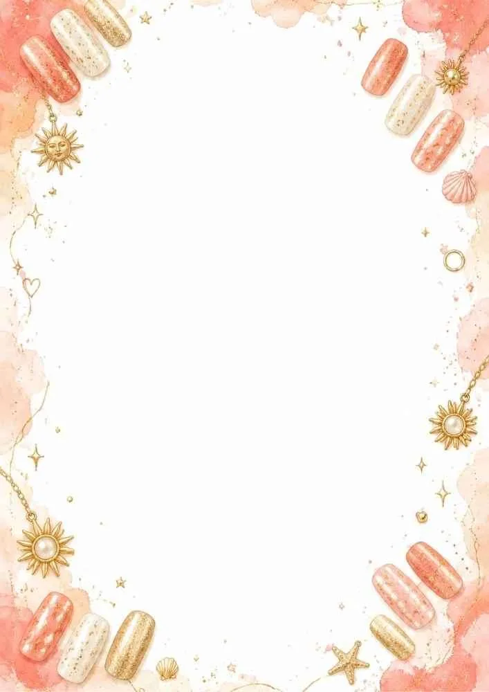 Golden summer nail art border with sun charms and seashells.