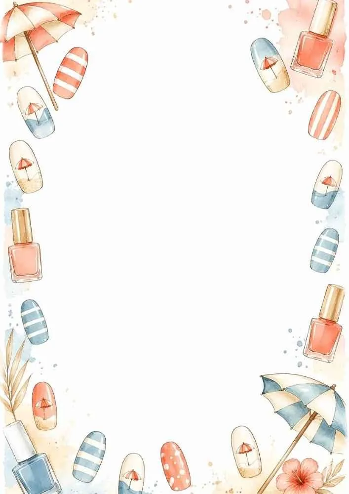 Beach umbrella nail art border with striped summer manicure designs.