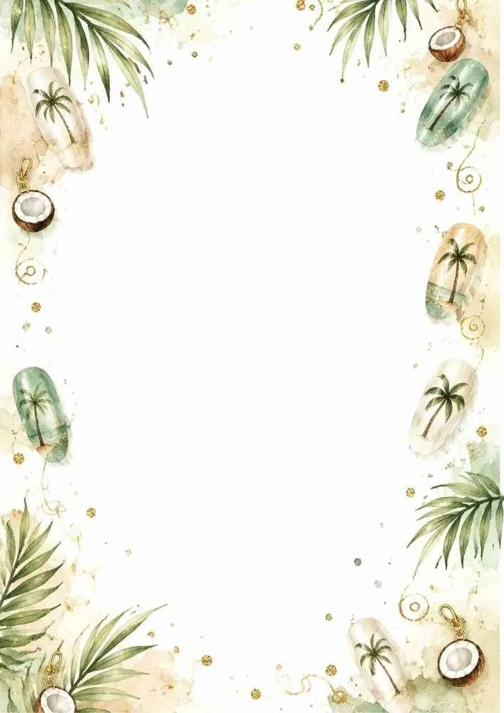 Tropical coconut nail art border with palm tree manicure designs.