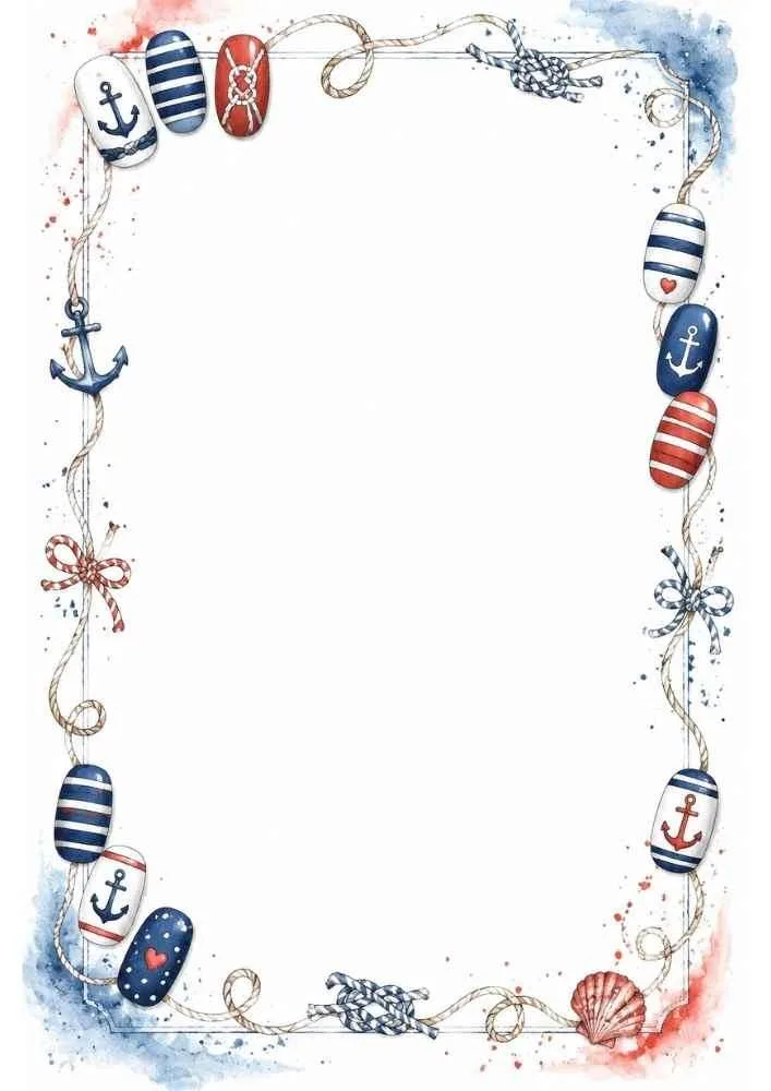 Nautical nail art border with anchors, ropes, and striped manicure designs.